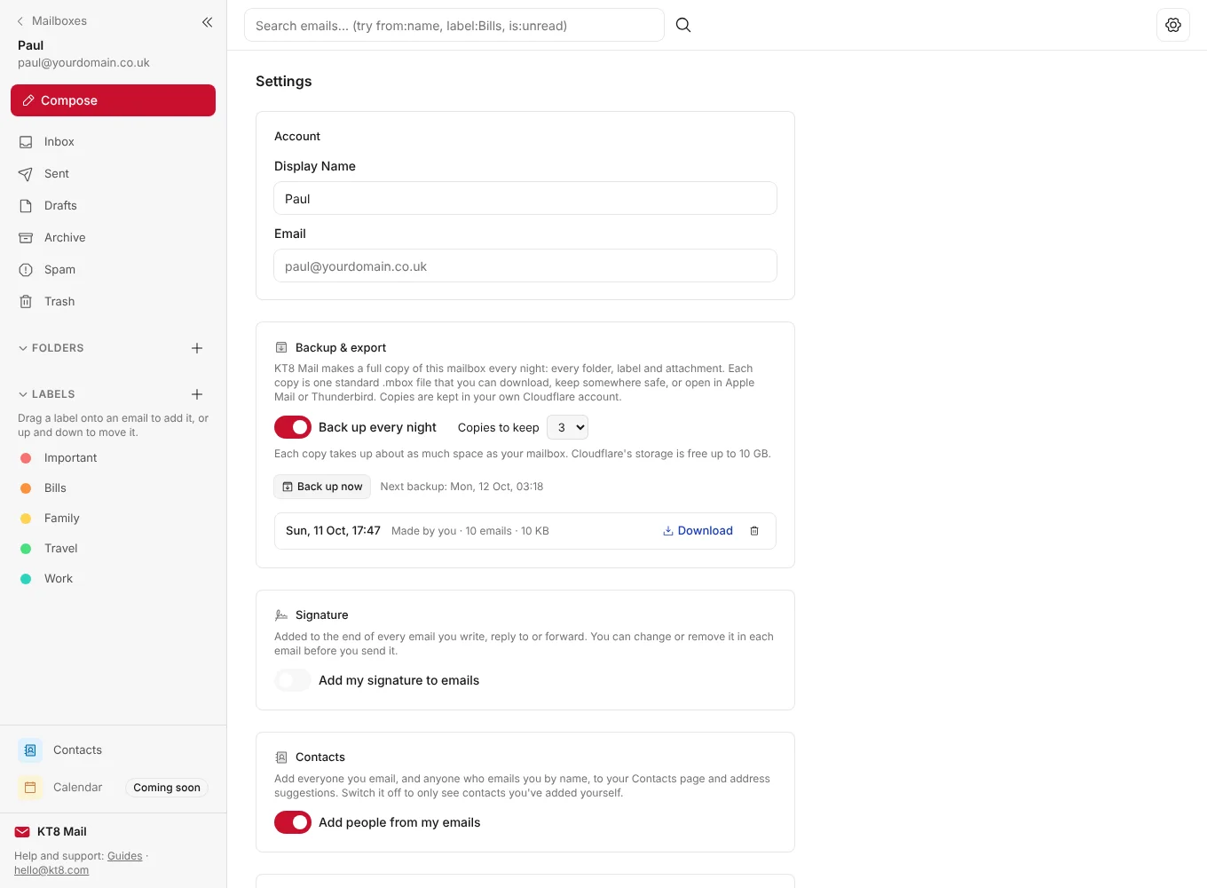 KT8 Mail Backup and export settings with nightly backups switched on and a Download button