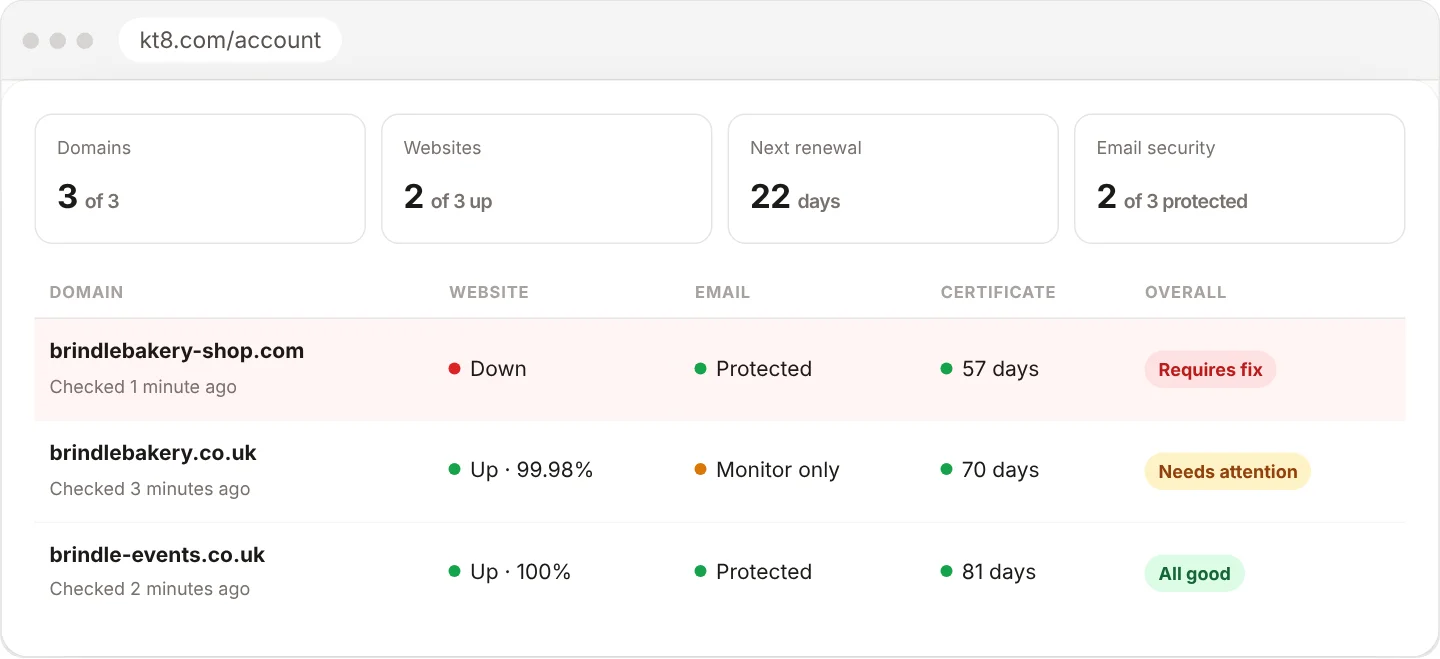 A KT8 dashboard watching three example domains, with one website down and marked Requires fix, one domain's email marked Needs attention and certificate days left for each