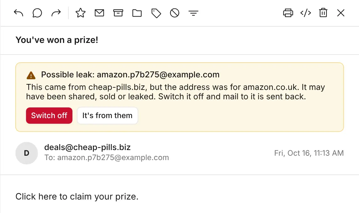 A Possible leak alert in KT8 Mail showing an email delivered to a masked Amazon alias from an unrecognised domain