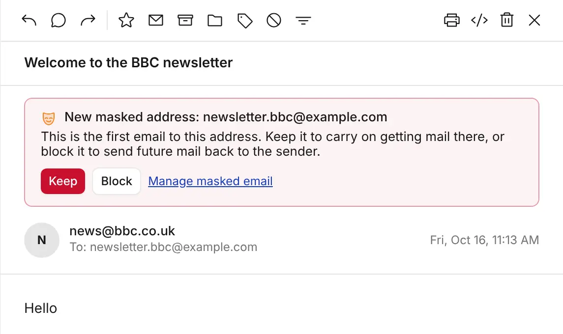 A new masked address prompt in KT8 Mail showing Keep and Block options above an incoming message