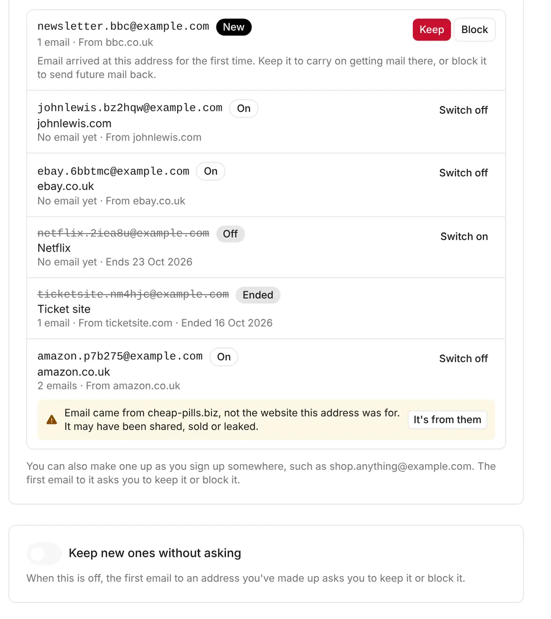 The Masked email dashboard in KT8 Mail Settings showing active, inactive, and expired aliases