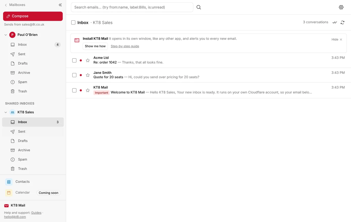KT8 Mail sidebar showing a personal mailbox and a shared KT8 Sales inbox in one list