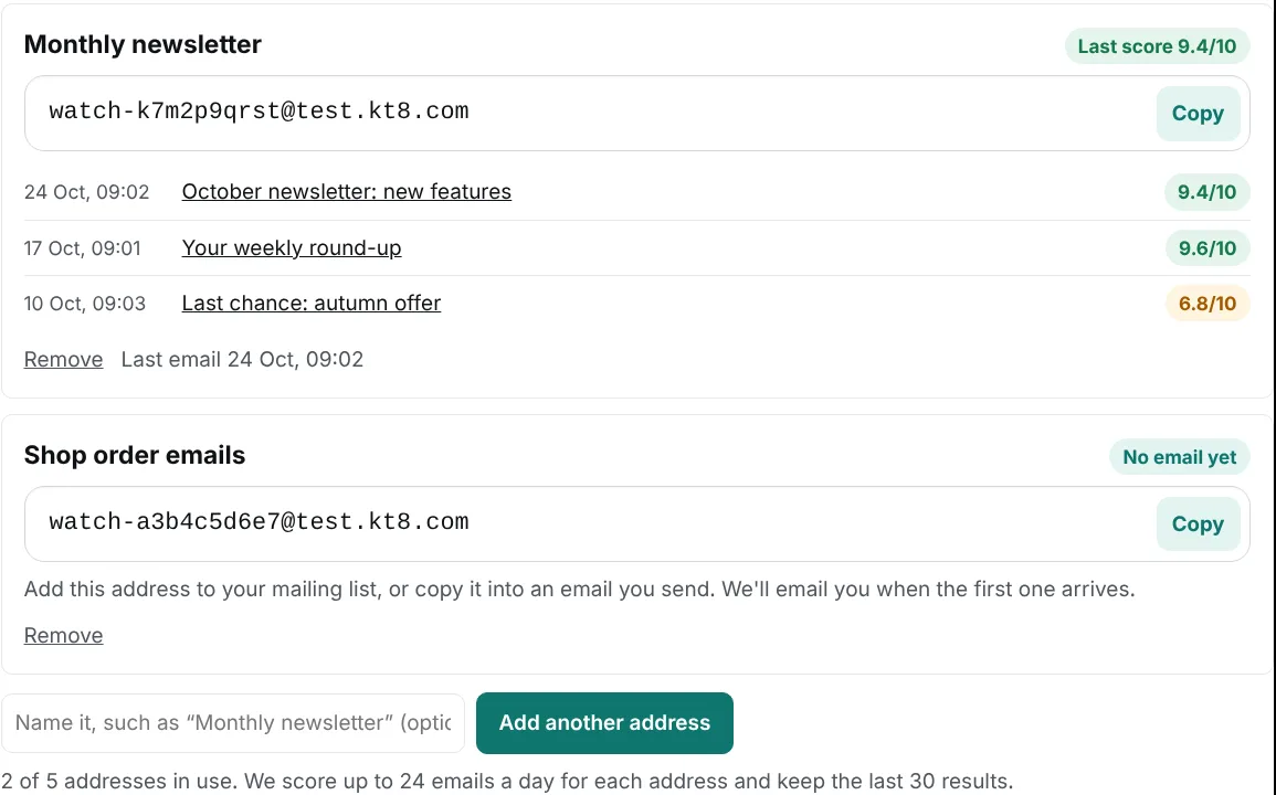 Two mail tester monitoring addresses, one for a monthly newsletter with scores for its last three sends and one for shop order emails waiting for its first email