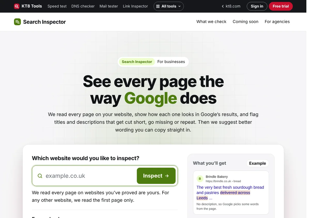 The Search Inspector page on kt8.com, with a box to enter a website and an example Google result for a bakery with its title cut short