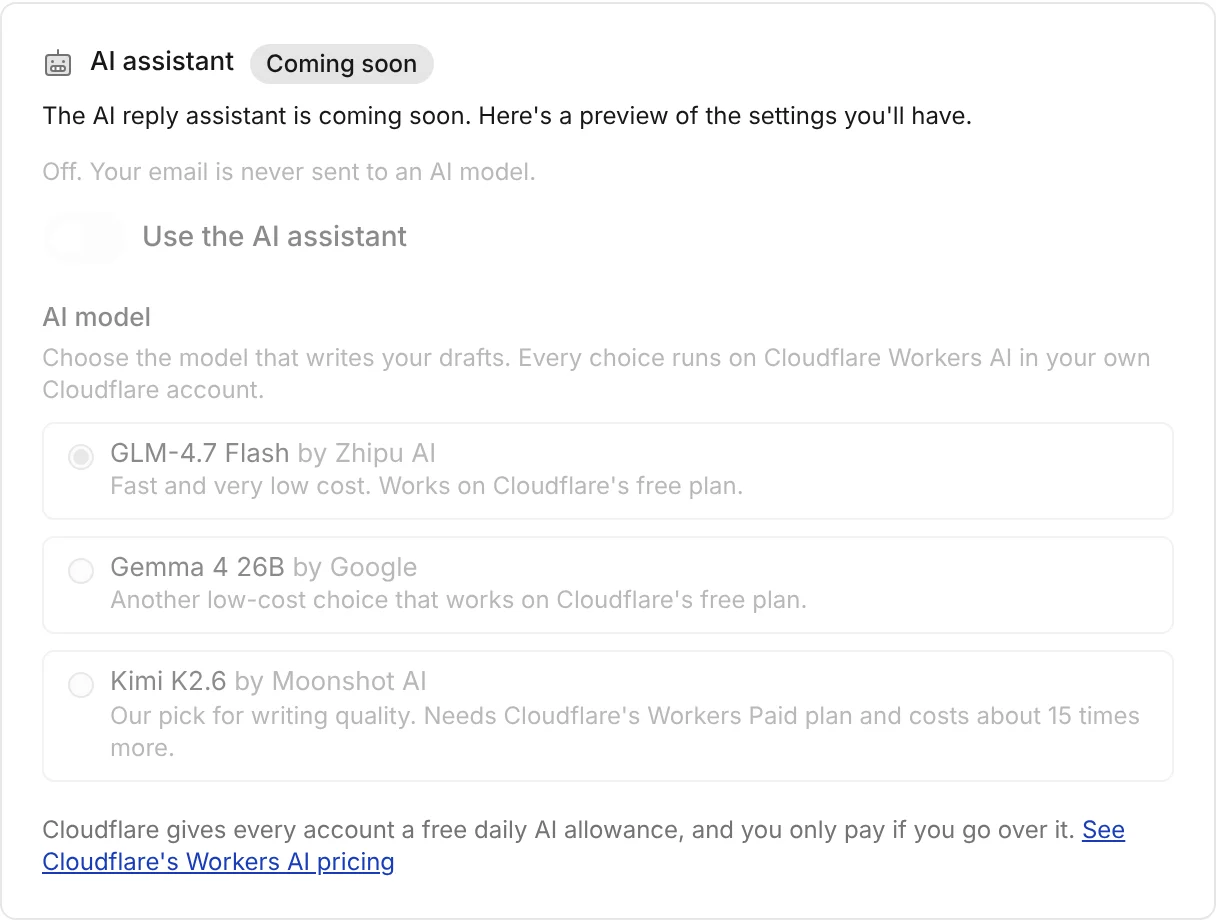 The AI assistant settings marked Coming soon, with the on/off switch and a choice of three AI models, greyed out for now