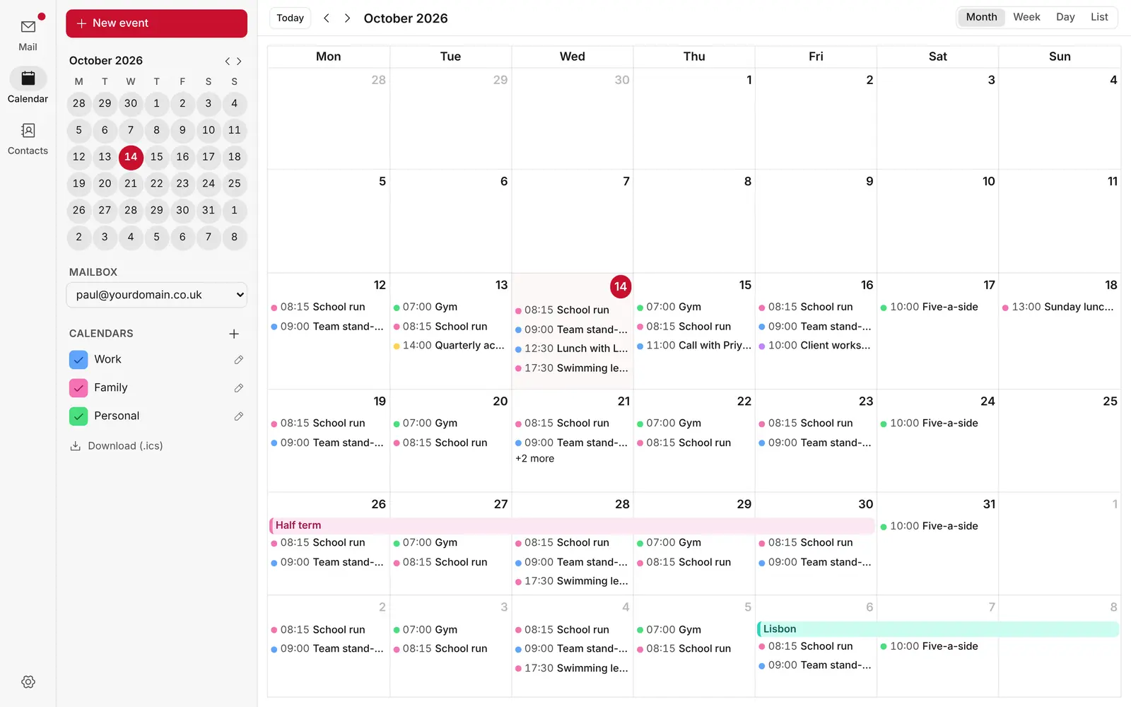 The calendar in month view, with colour-coded events and a half-term holiday across a week