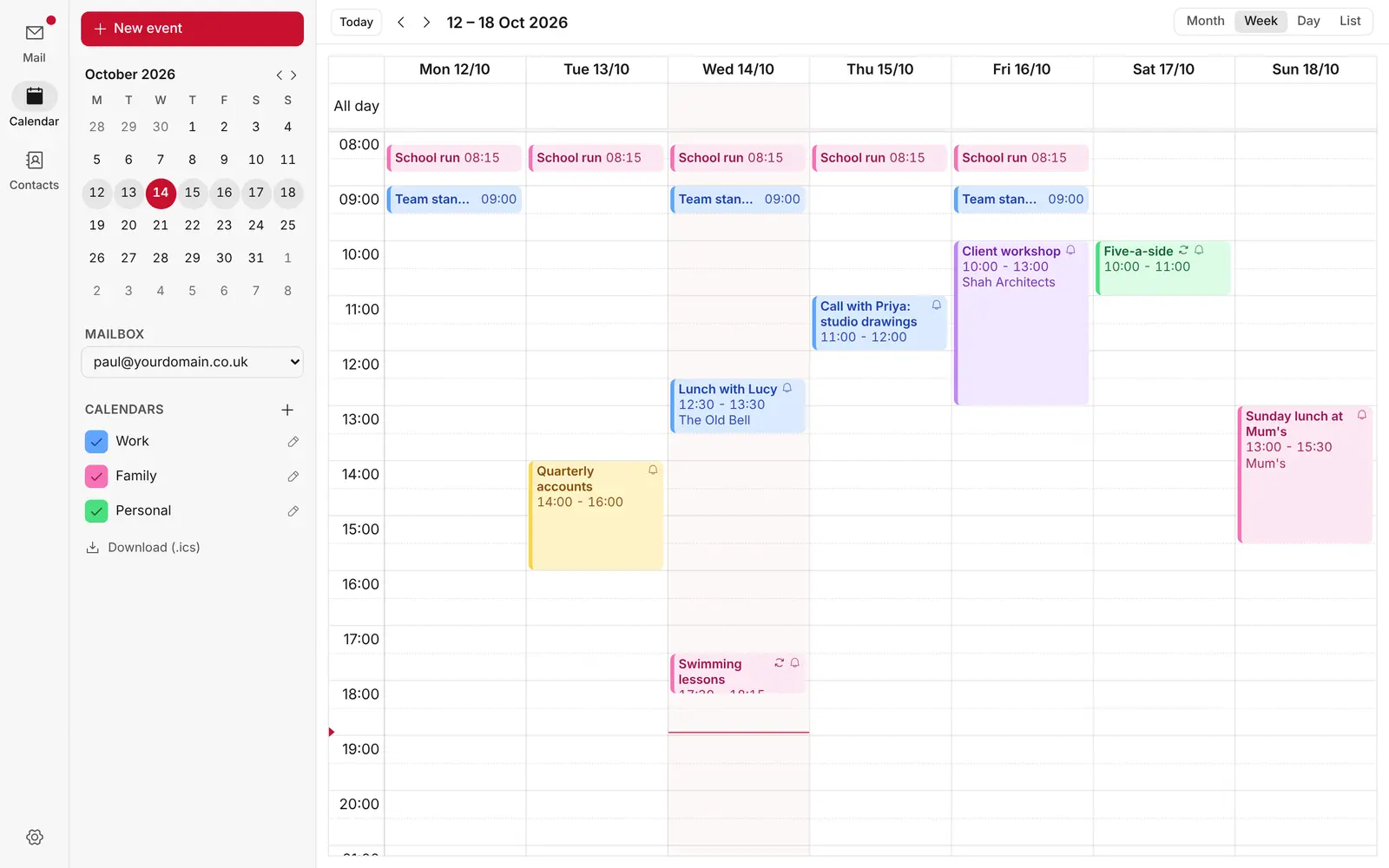 The calendar in week view, with colour-coded Work, Family and Personal events