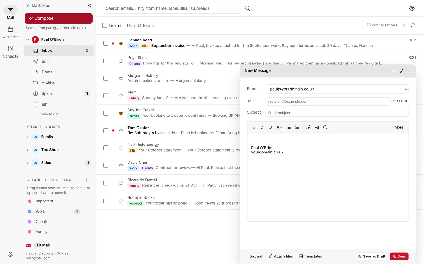 Writing a new email in the pop-out composer, with attachments and templates