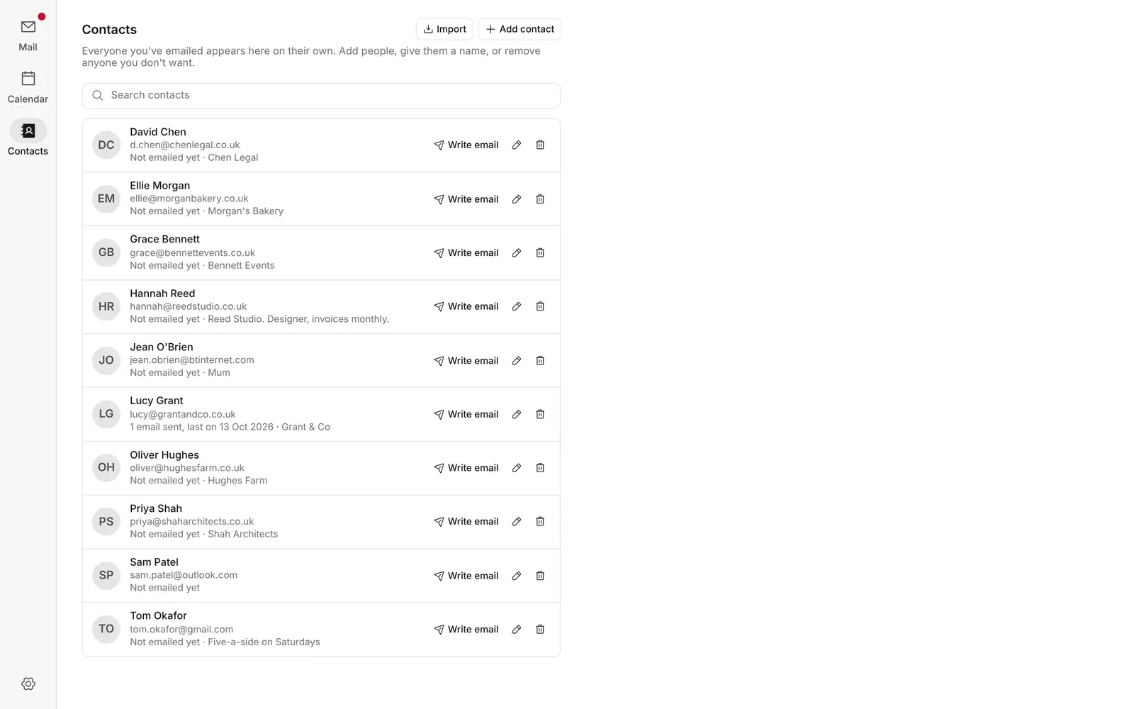 The Contacts page listing people with notes