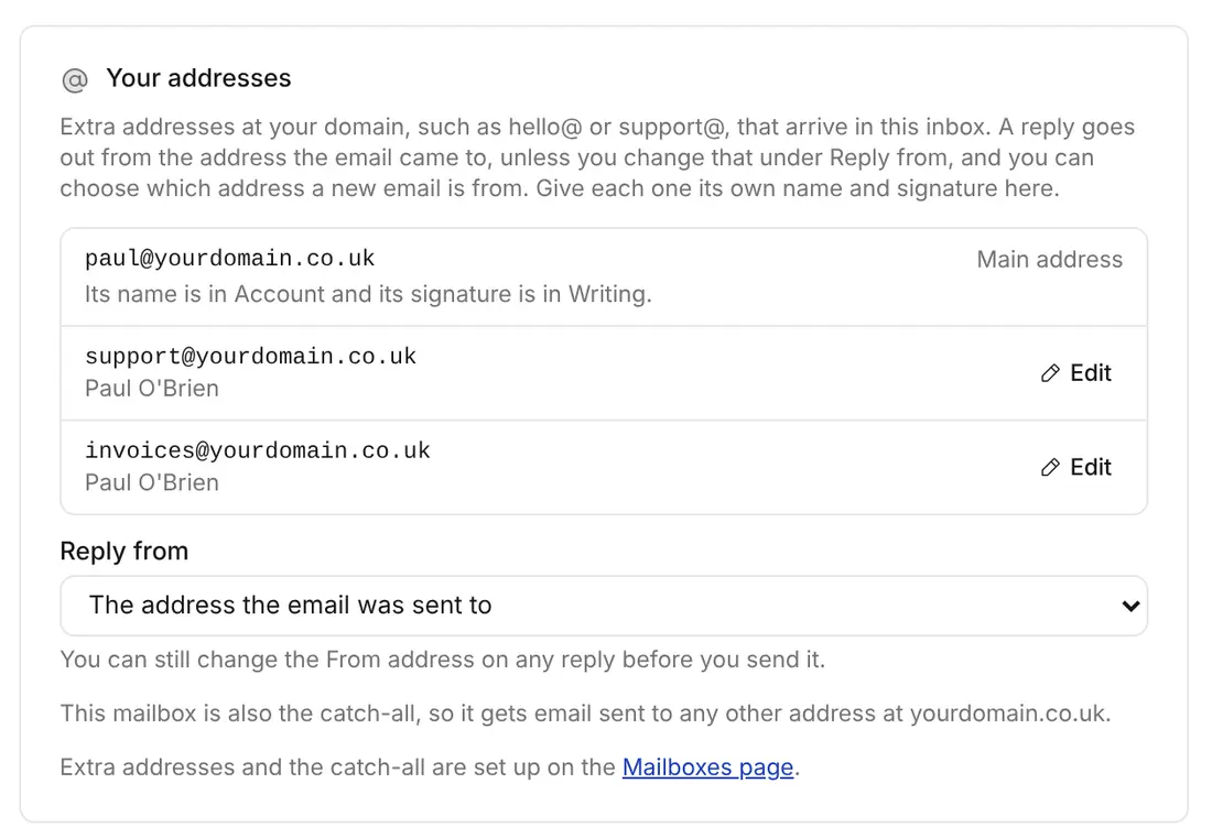 Extra addresses support@ and invoices@ in Settings, with the Reply from choice
