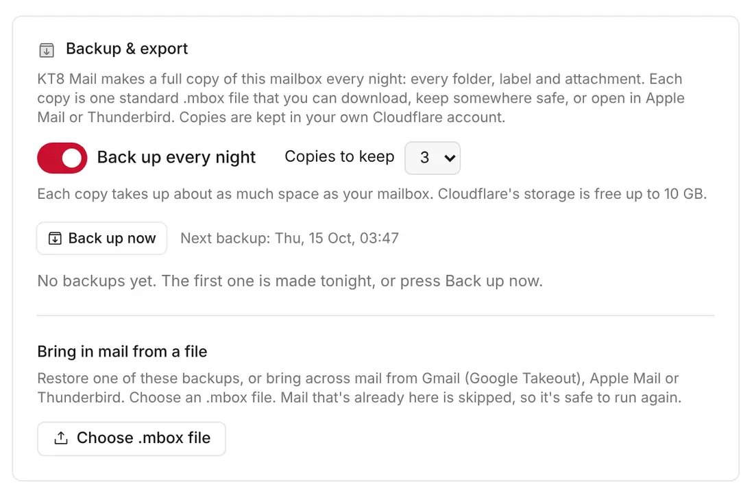 Backup and export settings, with nightly backups switched on
