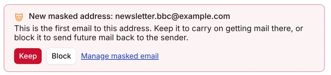 The first email to a new masked address, with Keep and Block buttons