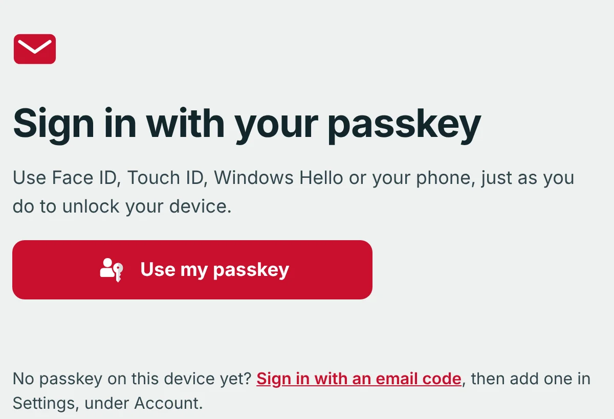 The KT8 Mail passkey sign-in page, with a Use my passkey button