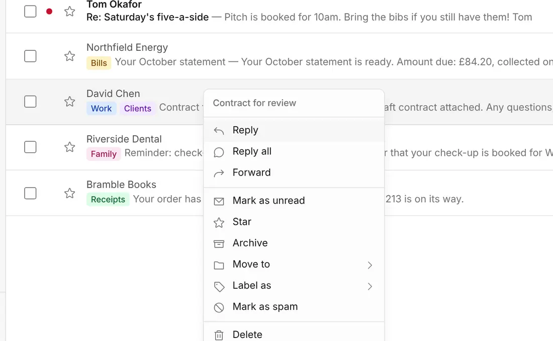 The right-click menu on an email: Reply, Forward, Archive, Move to, Label as and more