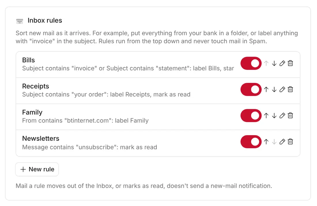 Inbox rules in Settings: Bills, Receipts, Family and Newsletters