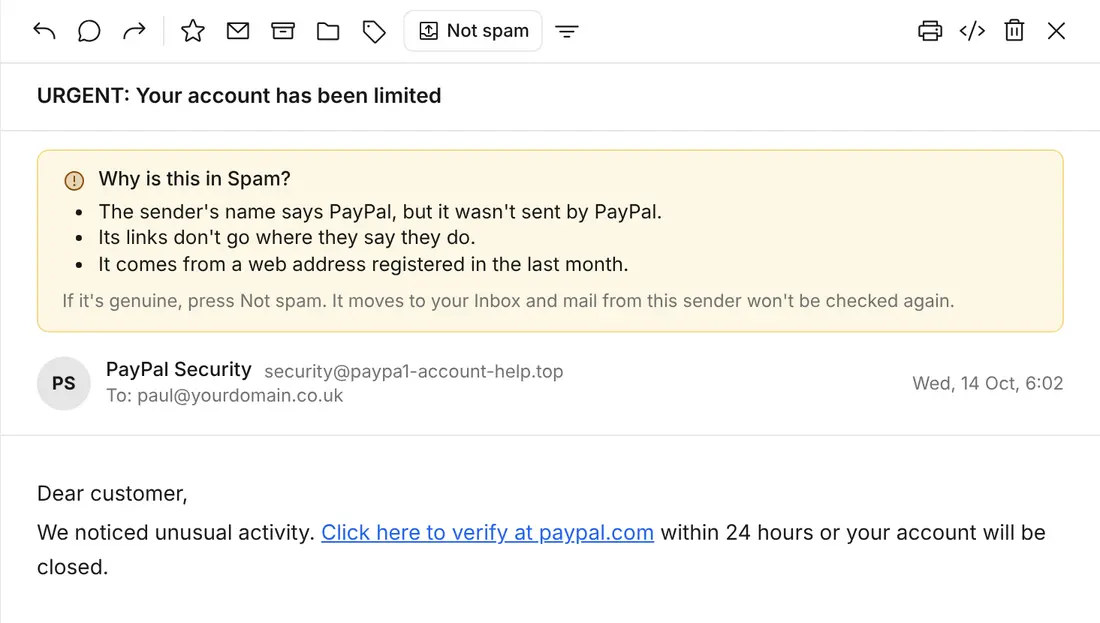 A fake PayPal email in Spam, with the reasons it was moved there