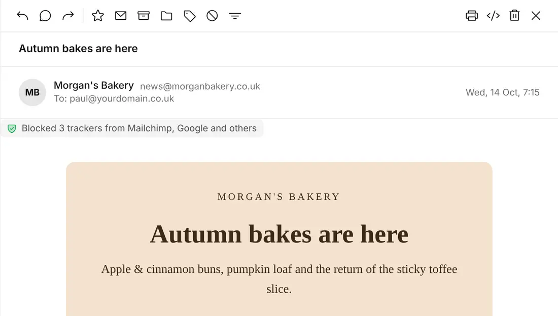 A newsletter with a note: Blocked 3 trackers from Mailchimp, Google and others