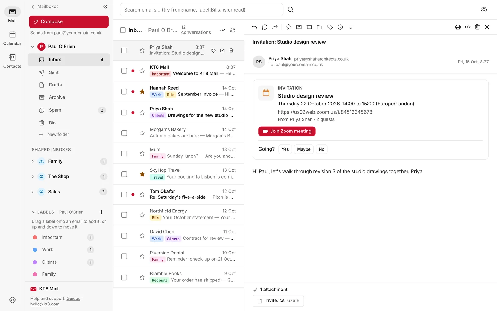 A calendar invitation from Priya Shah shown as a card at the top of the email, with Join Zoom meeting and Yes, Maybe and No buttons