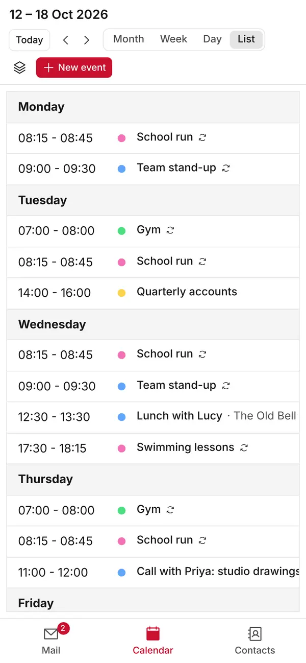 The calendar's list view on an iPhone
