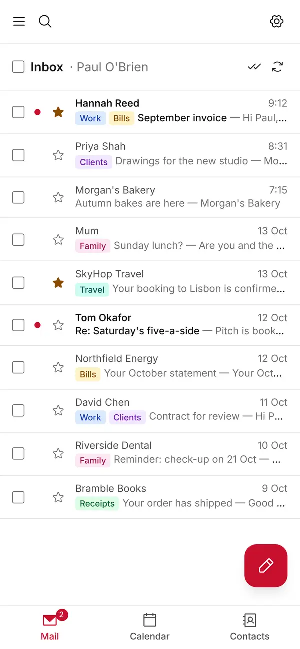 KT8 Mail on an iPhone, showing the inbox