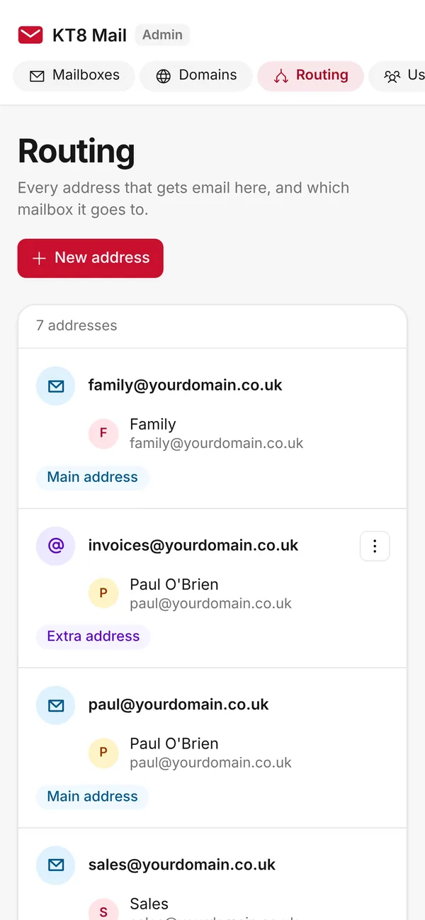 The Routing page on an iPhone, listing each address and the mailbox it goes to