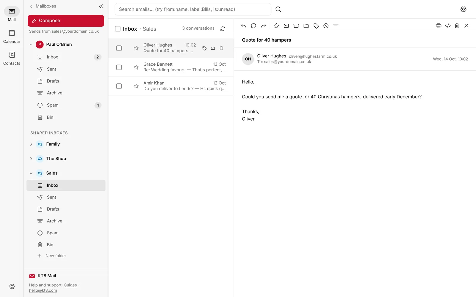 The shared Sales inbox, open in the sidebar alongside a personal mailbox