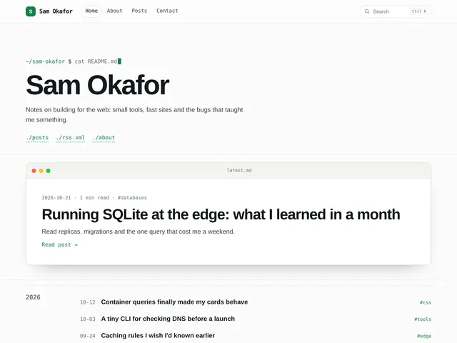 Sam Okafor, an example blog using the Developer theme