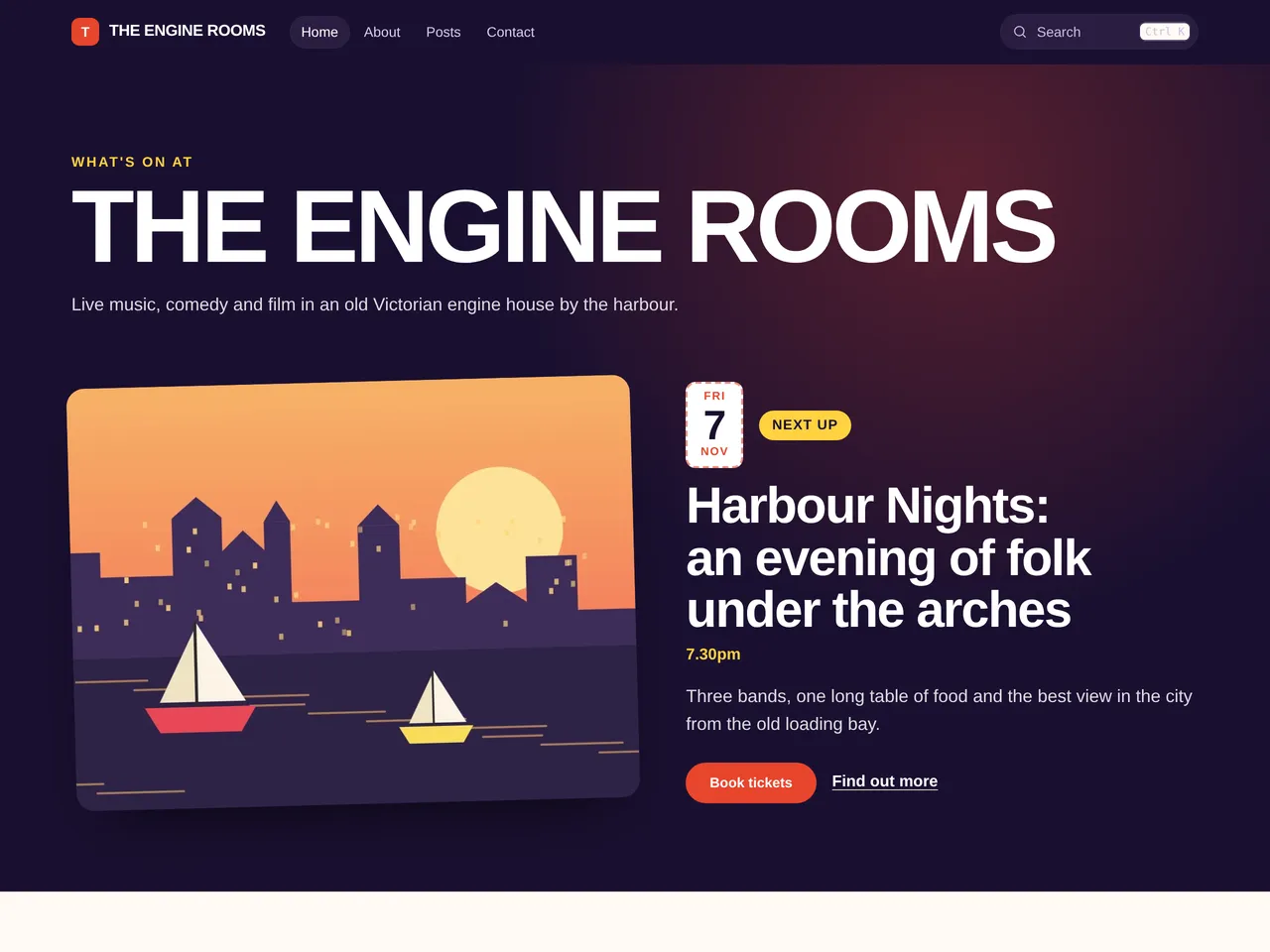 The Engine Rooms, an example blog using the Events theme, on a computer