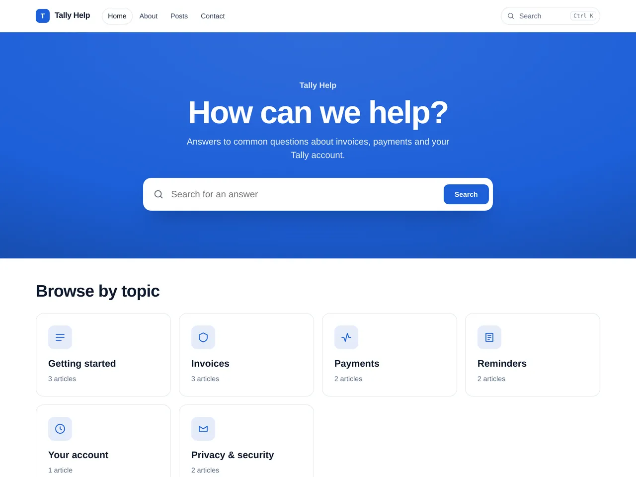 Tally Help, an example blog using the Help centre theme, on a computer