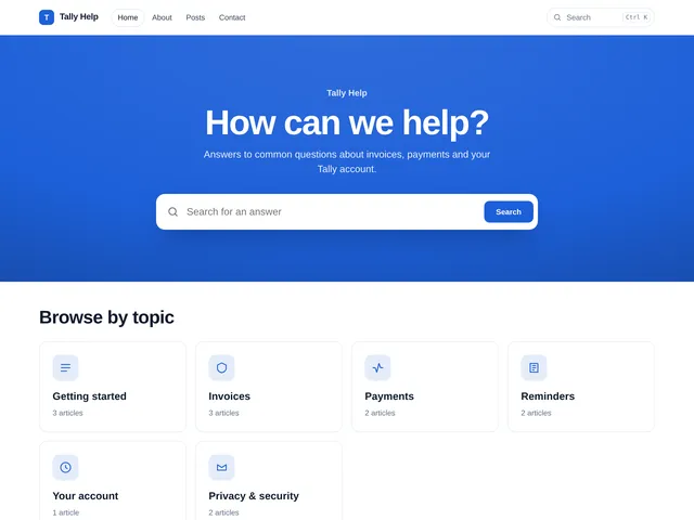 Tally Help, an example blog using the Help centre theme