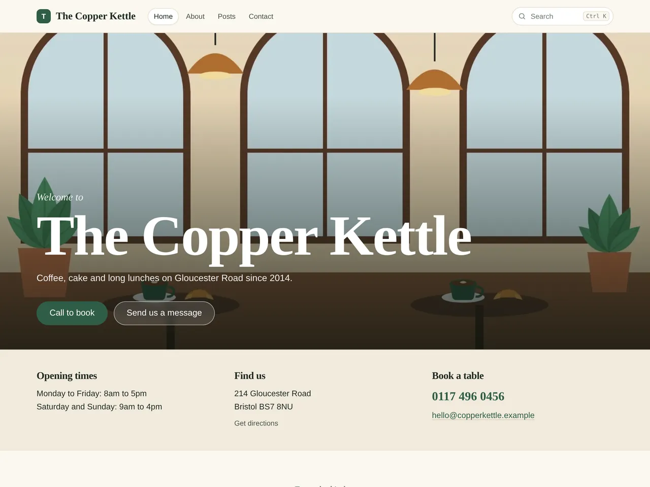 The Copper Kettle, an example blog using the Hospitality theme, on a computer