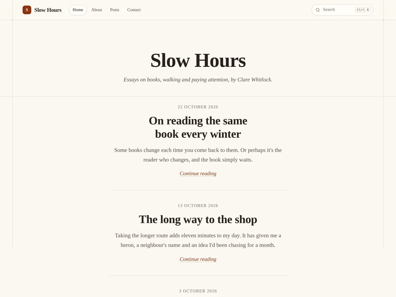 Slow Hours, an example blog using the Journal theme, on a computer