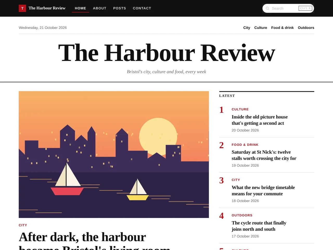 The Harbour Review, an example blog using the Magazine theme, on a computer