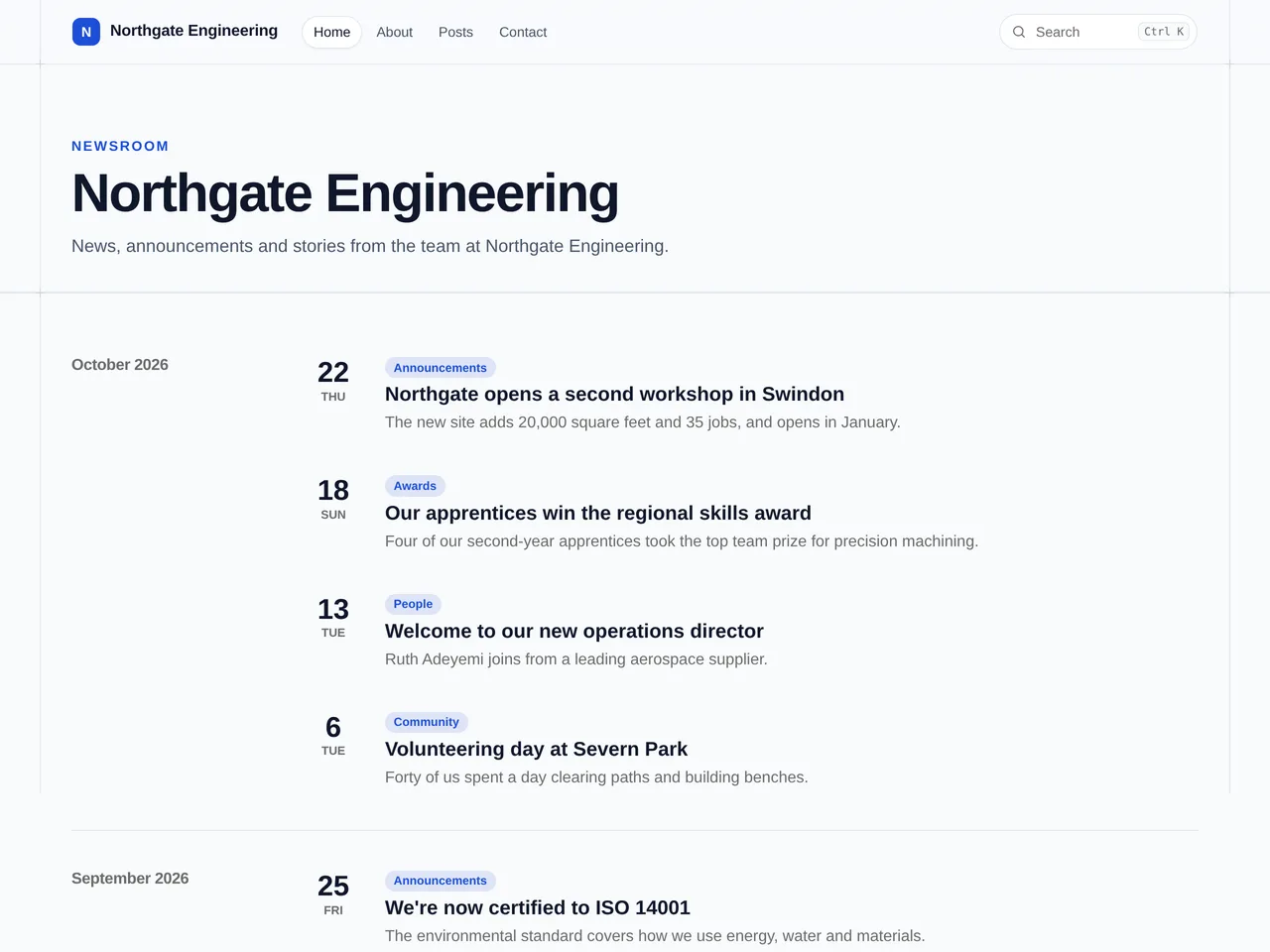 Northgate Engineering, an example blog using the Company news theme, on a computer