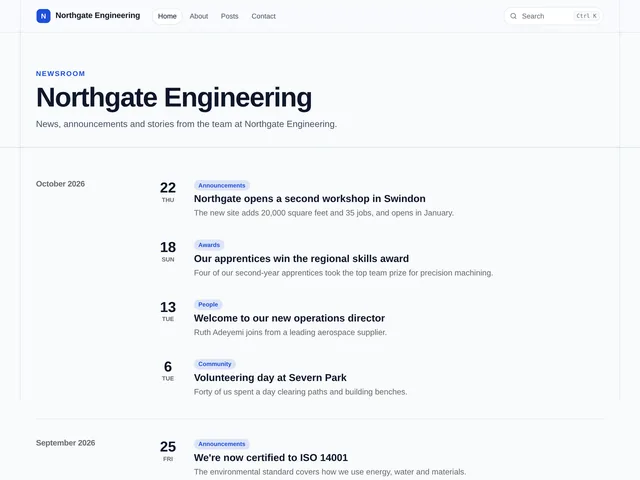 Northgate Engineering, an example blog using the Company news theme