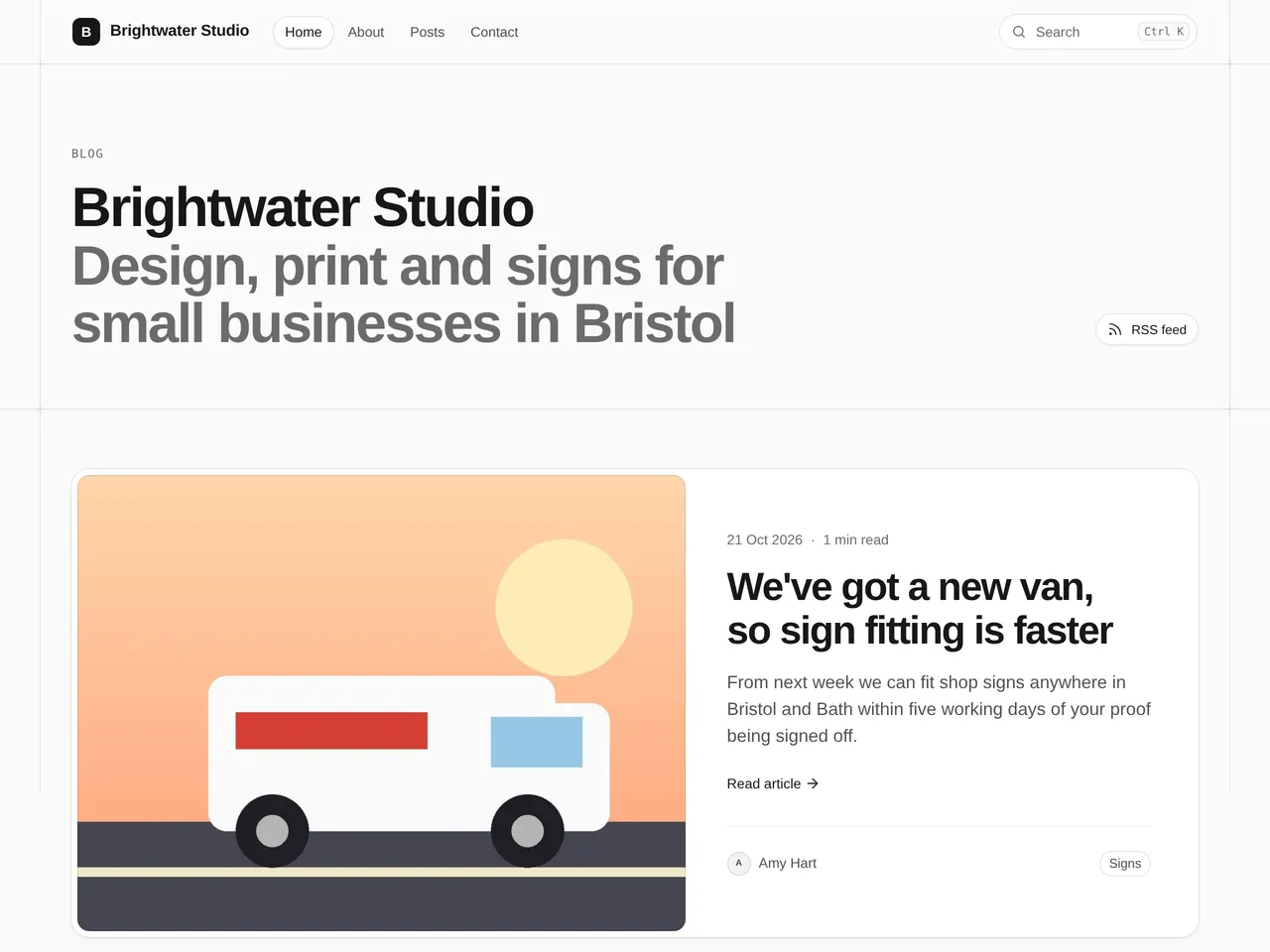 Brightwater Studio, an example blog using the Notebook theme, on a computer