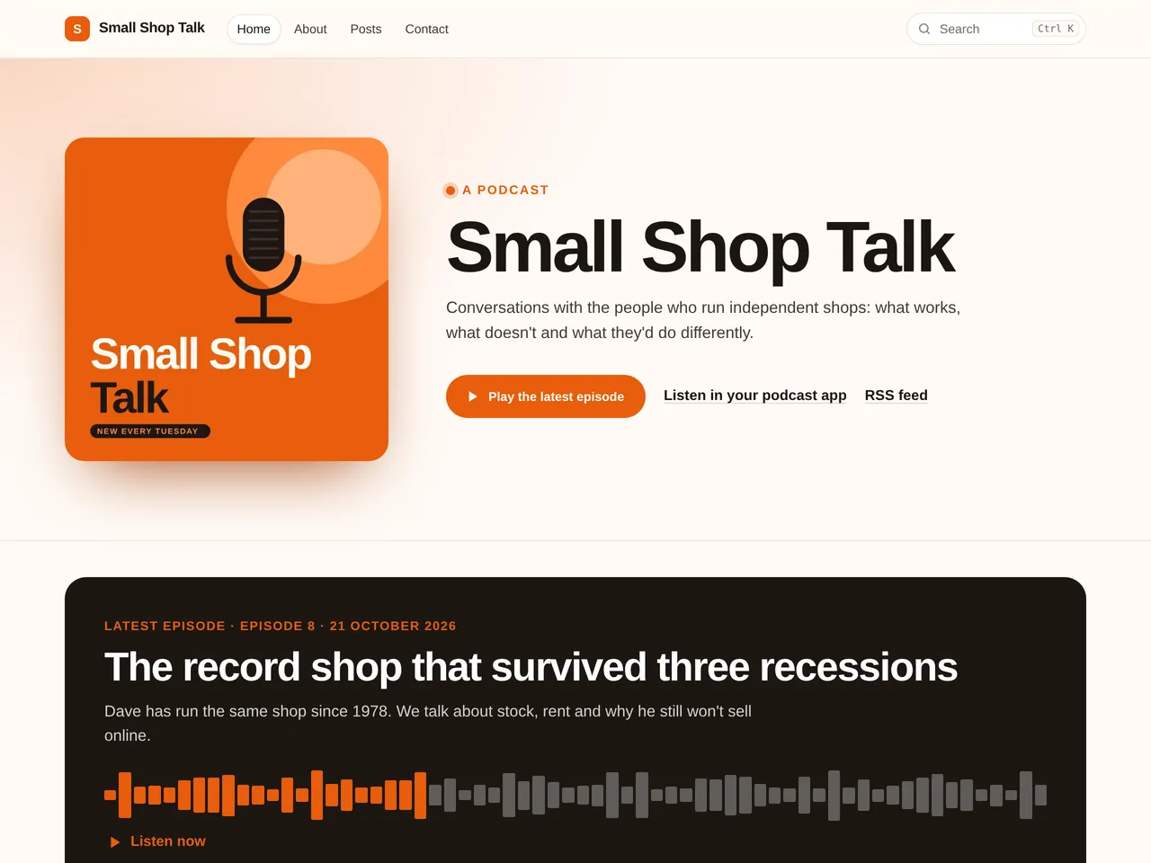 Small Shop Talk, an example blog using the Podcast theme, on a computer