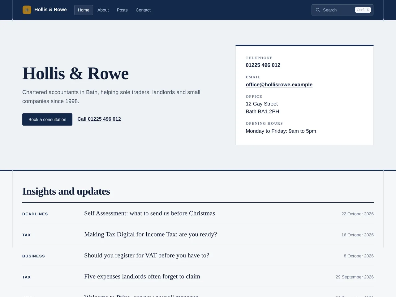 Hollis & Rowe, an example blog using the Practice theme, on a computer