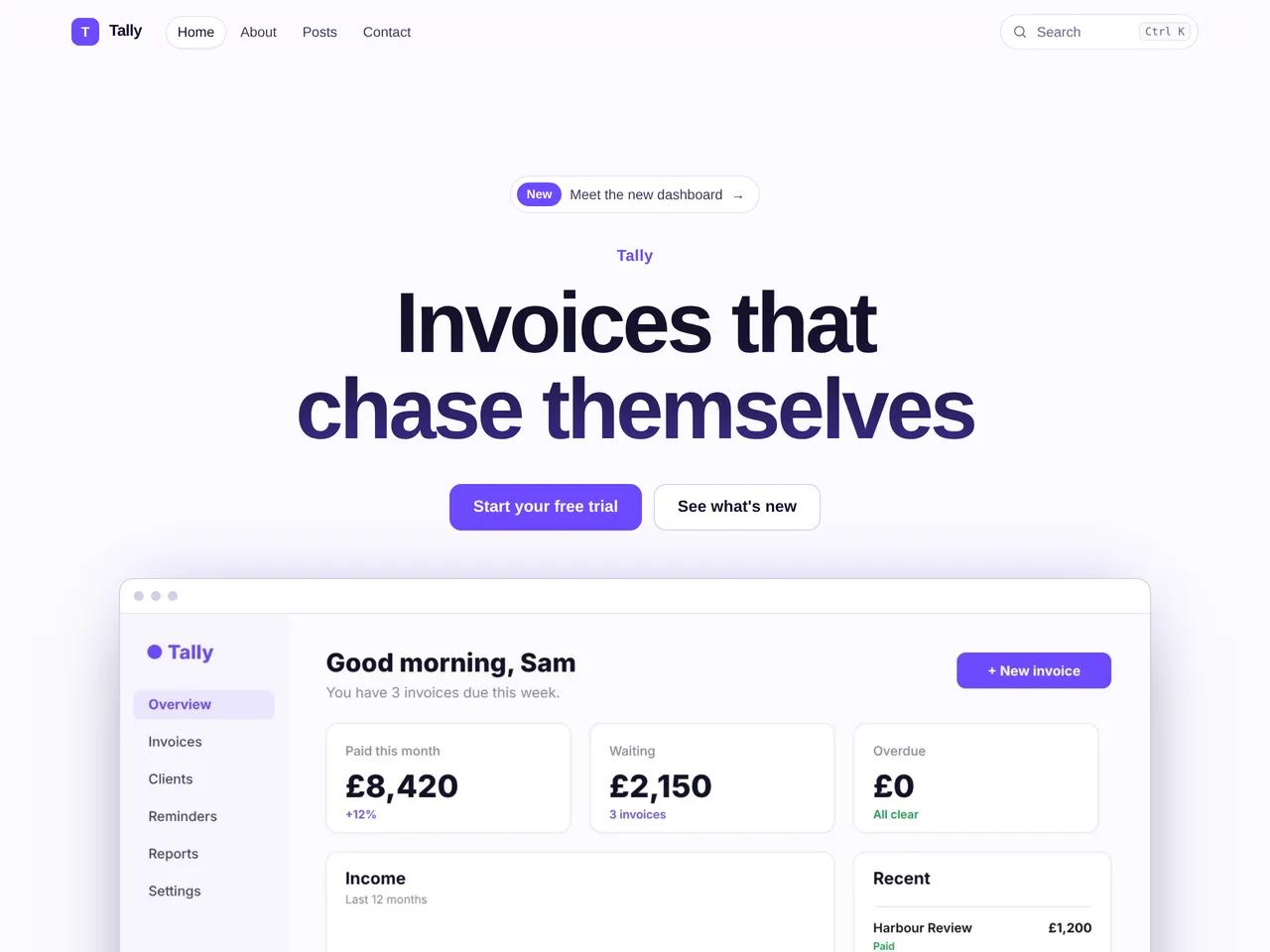 Tally, an example blog using the SaaS theme, on a computer