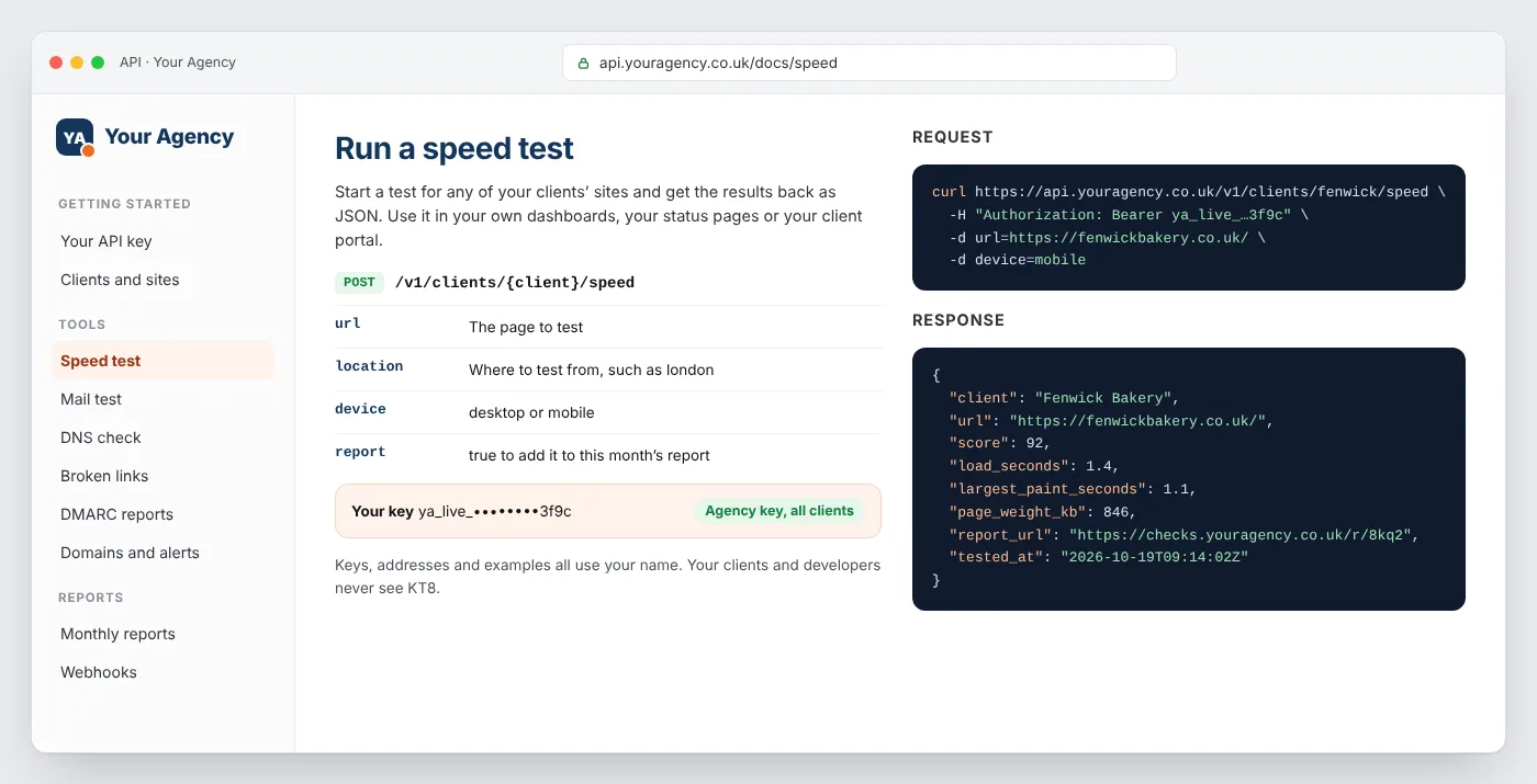 Mock-up: API documentation at api.youragency.co.uk showing a speed test request and its JSON response