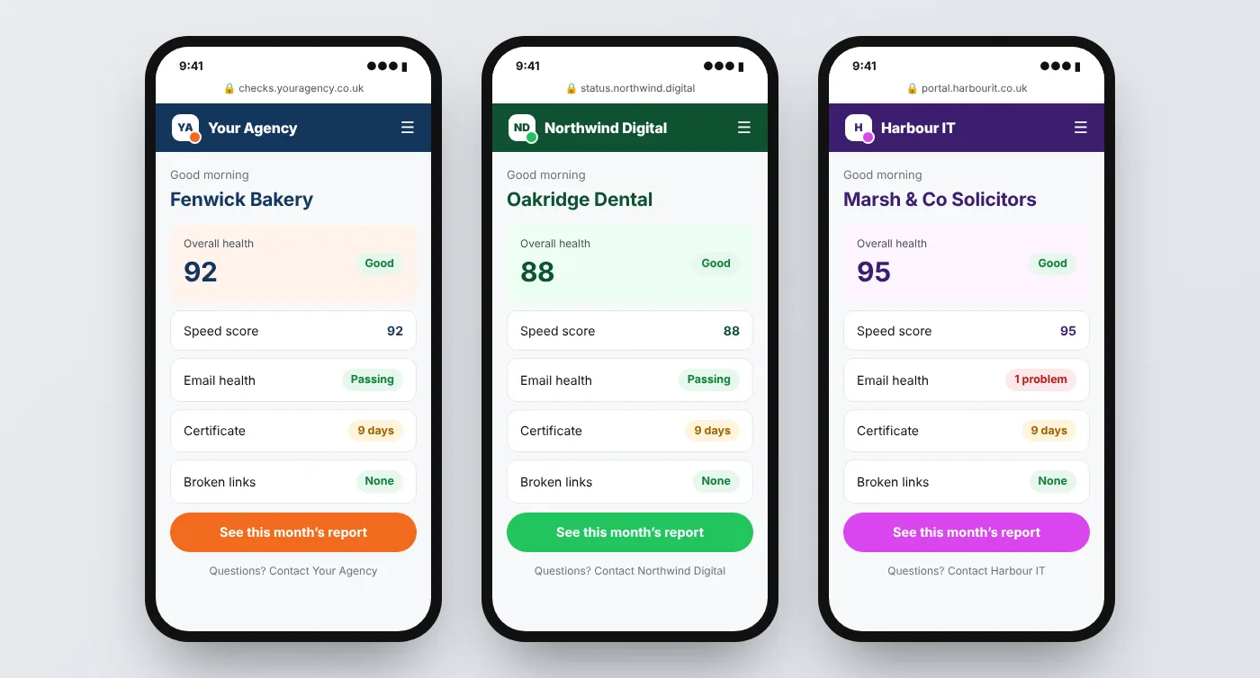 Mock-up: three phones showing client dashboards for three different made-up agencies, each with its own name, colours and web address