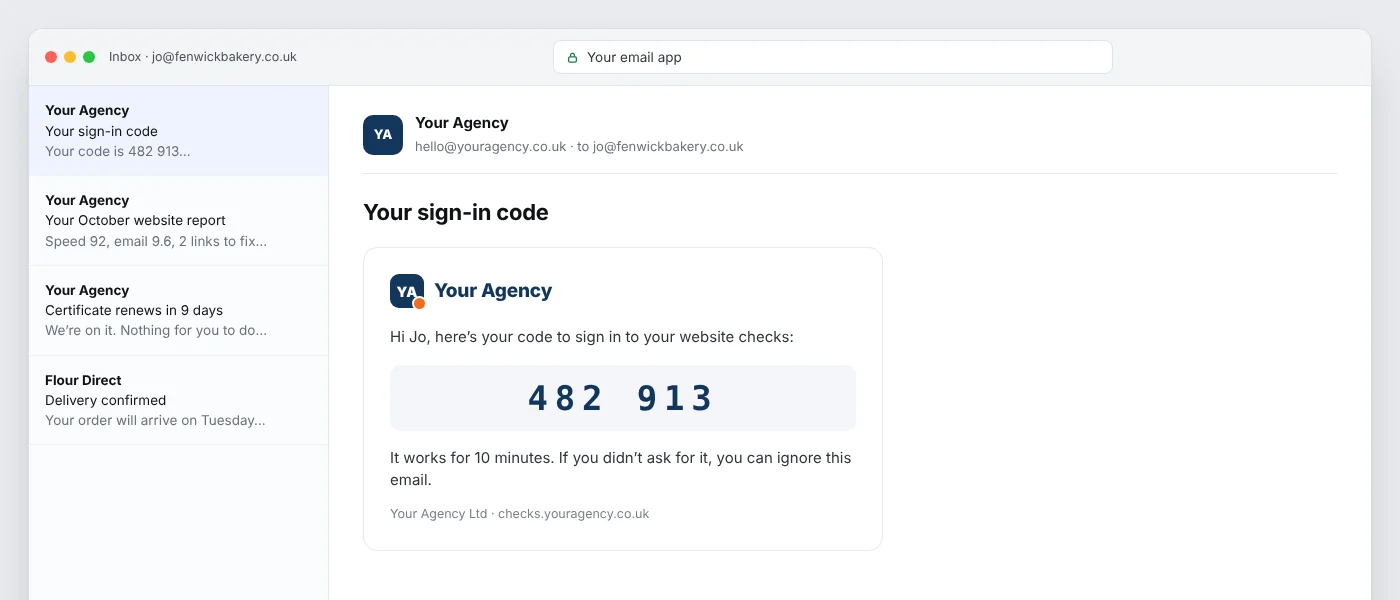 Mock-up: a sign-in code email from Your Agency, sent from hello@youragency.co.uk