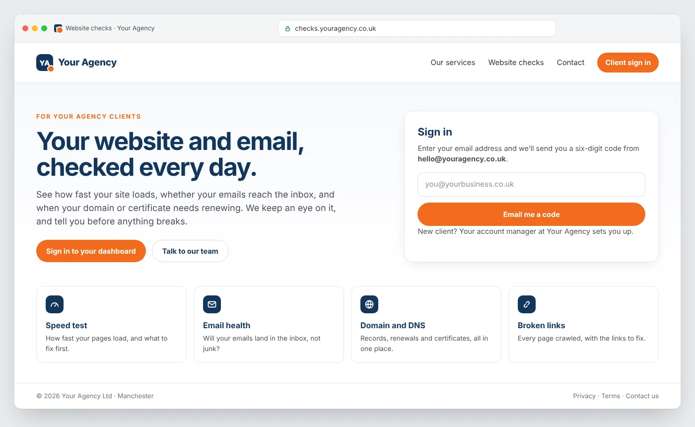 Mock-up: a tools site at checks.youragency.co.uk, branded Your Agency, with a client sign-in box and four tools