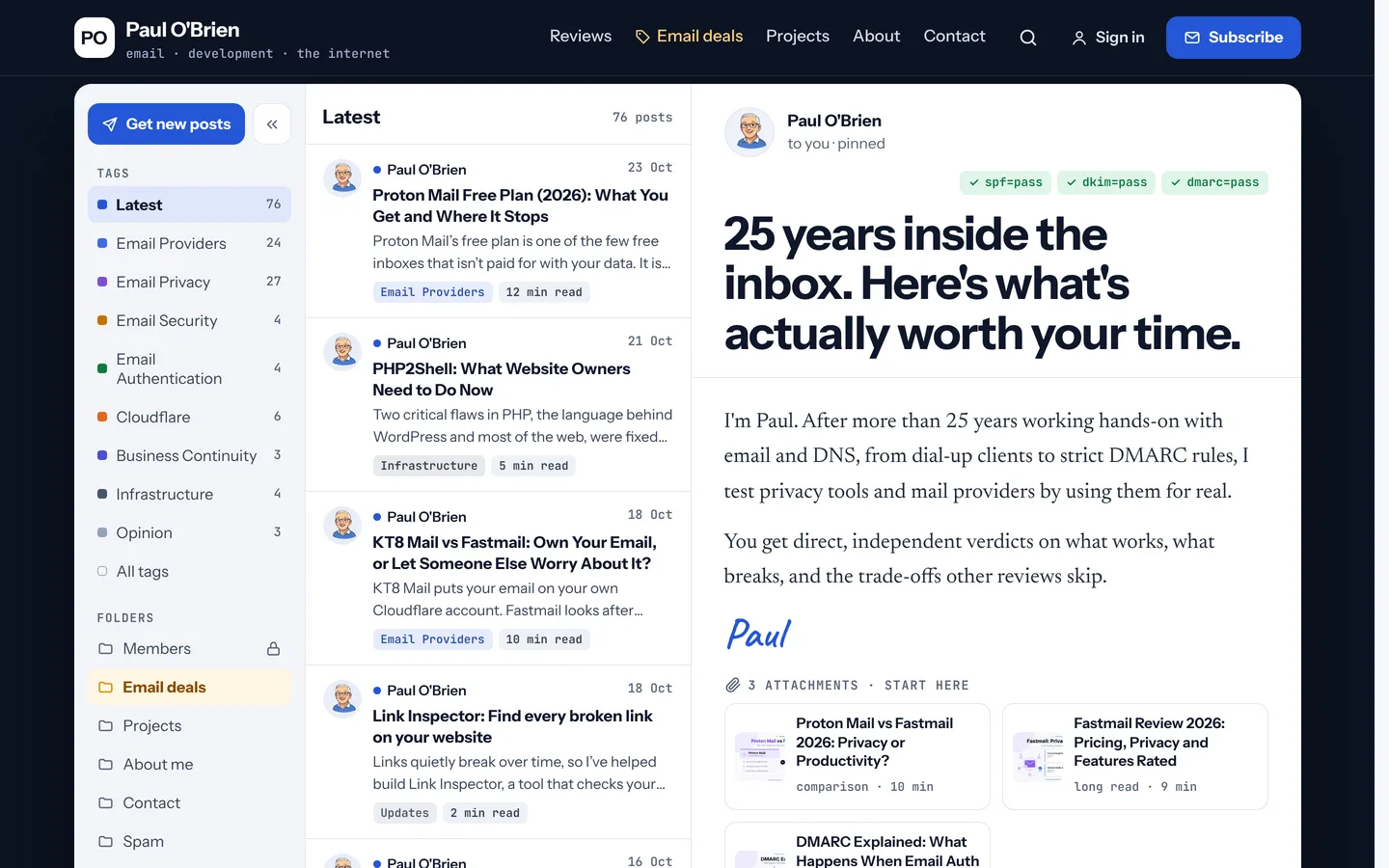 The paulobrien.com home page on a computer: topics down the left like mail folders, the latest posts in the middle and the welcome letter open on the right.