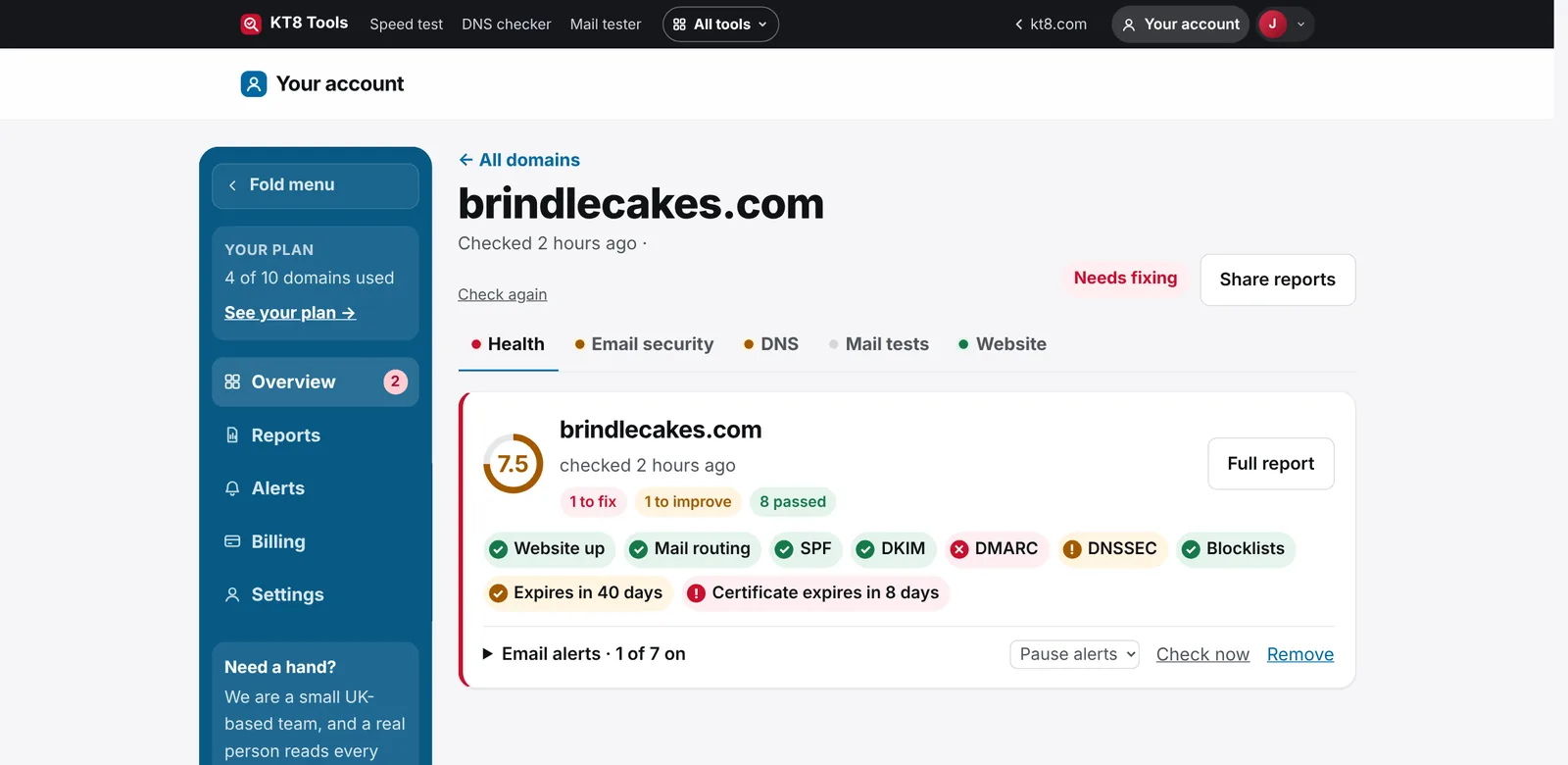 One domain in the KT8 dashboard: website uptime, email records, blocklists, certificate and renewal dates, each with its status.