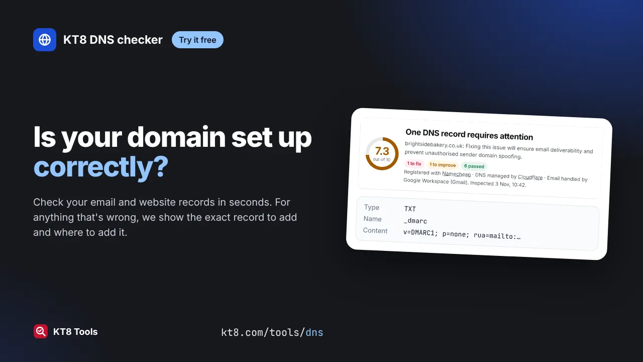 KT8 DNS checker: check SPF, DKIM and DMARC in seconds