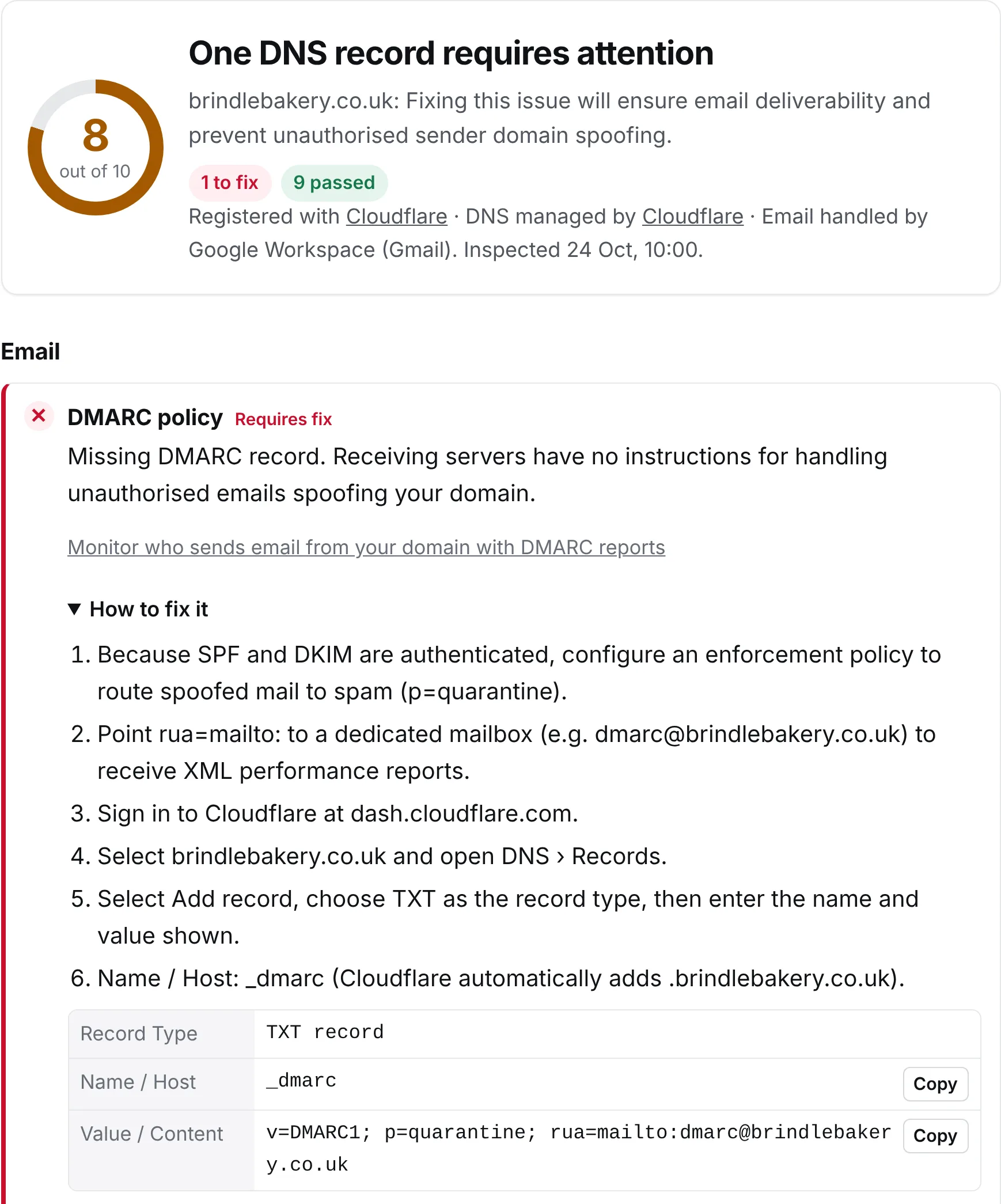 A KT8 report for brindlebakery.co.uk: one DNS record requires attention, with the missing DMARC record and how to fix it