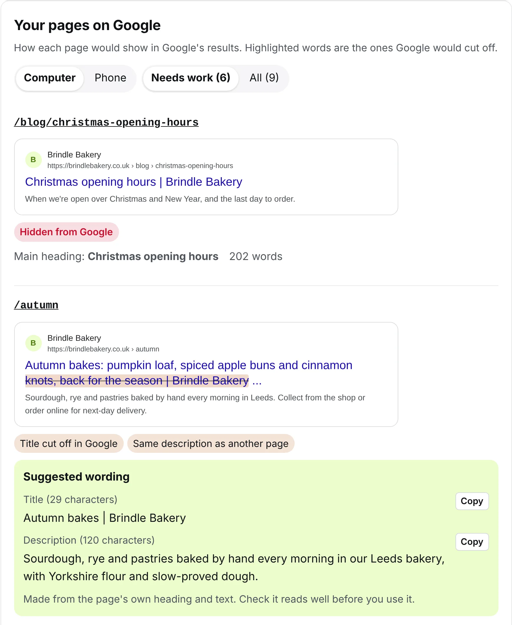A KT8 Search Inspector report: each page as it shows in Google, with titles cut off and suggested wording